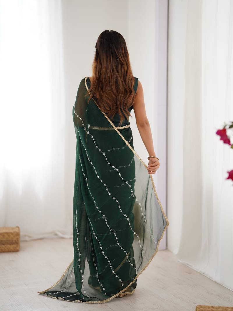 sitara chiffon green designer beads moti val sequance work saree