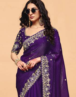 Purple satin sequence with zarkan work saree with unstitched blouse piece 5