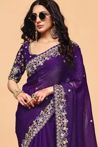 Purple satin sequence with zarkan work saree with unstitched blouse piece