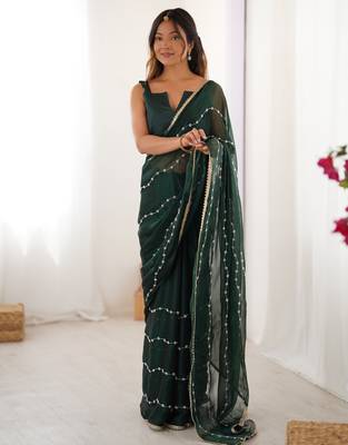 sitara chiffon green designer beads moti val sequance work saree 5