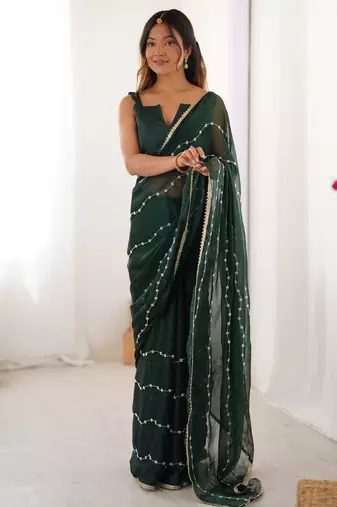 sitara chiffon green designer beads moti val sequance work saree