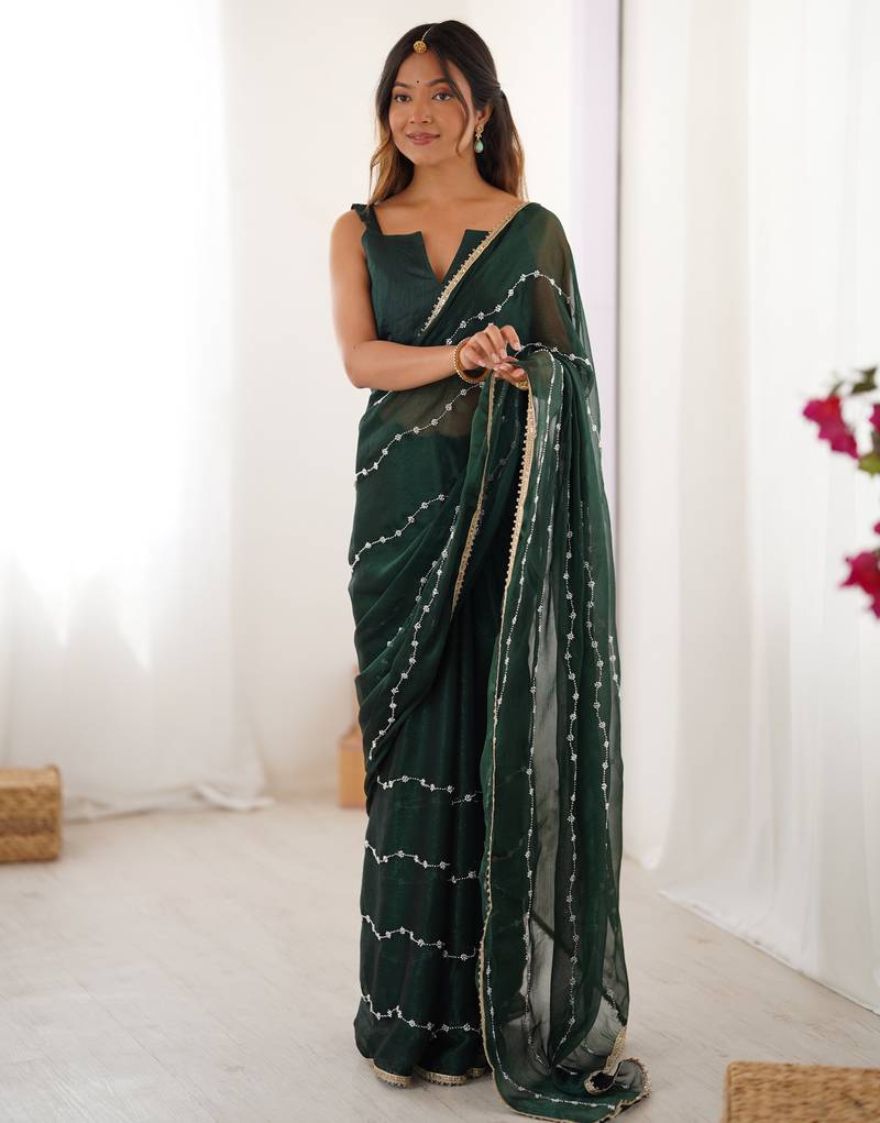 sitara chiffon green designer beads moti val sequance work saree