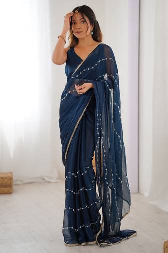 sitara chiffon petrol designer beads moti val sequance work saree