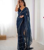 sitara chiffon petrol designer beads moti val sequance work saree