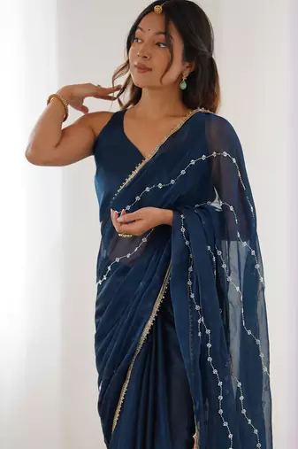 sitara chiffon petrol designer beads moti val sequance work saree
