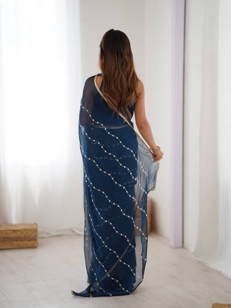 sitara chiffon petrol designer beads moti val sequance work saree