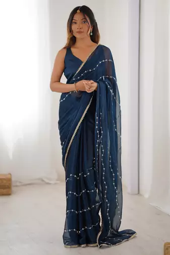 sitara chiffon petrol designer beads moti val sequance work saree