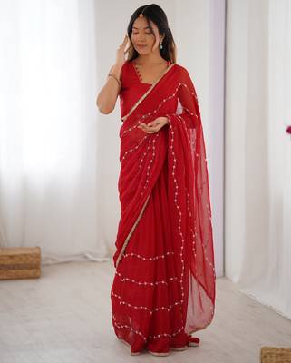 sitara chiffon red designer beads moti val sequance work saree 1