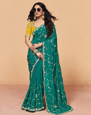 Darkgreen satin embroidery sequence work saree with unstitch blouse piece for women 1