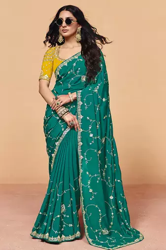 Darkgreen satin embroidery sequence work saree with unstitch blouse piece for women