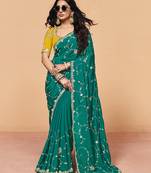Darkgreen satin embroidery sequence work saree with unstitch blouse piece for women