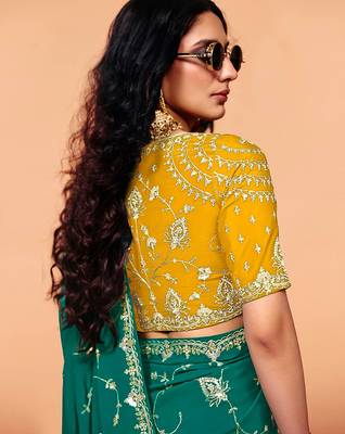 Darkgreen satin embroidery sequence work saree with unstitch blouse piece for women 2