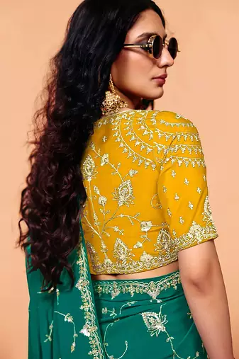 Darkgreen satin embroidery sequence work saree with unstitch blouse piece for women