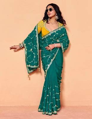 Darkgreen satin embroidery sequence work saree with unstitch blouse piece for women 3