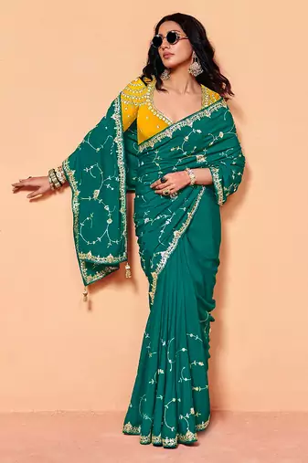 Darkgreen satin embroidery sequence work saree with unstitch blouse piece for women