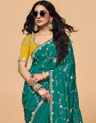 Darkgreen satin embroidery sequence work saree with unstitch blouse piece for women 4