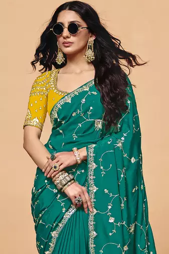 Darkgreen satin embroidery sequence work saree with unstitch blouse piece for women