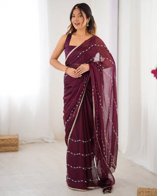 sitara chiffon wine designer beads moti val sequance work saree 5