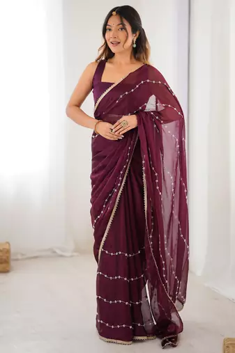 sitara chiffon wine designer beads moti val sequance work saree