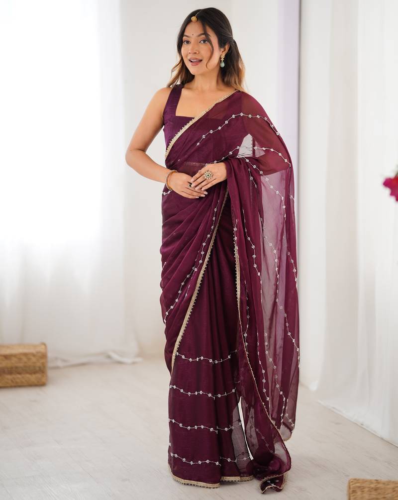 sitara chiffon wine designer beads moti val sequance work saree