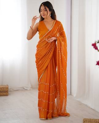 sitara chiffon yellow designer beads moti val sequance work saree 4
