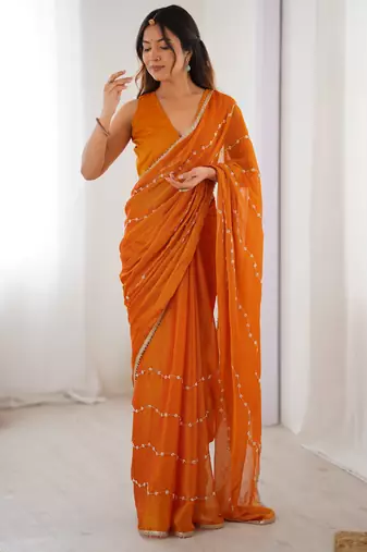sitara chiffon yellow designer beads moti val sequance work saree