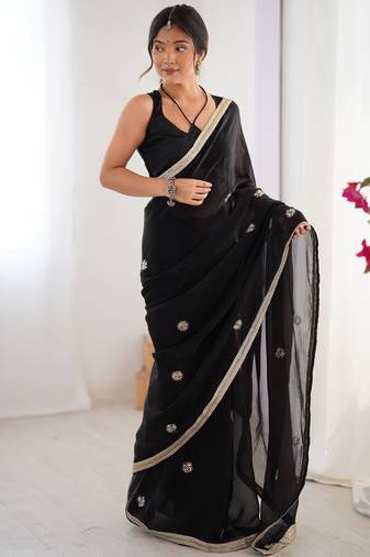 silk blend black designer beads moti val sequance work saree