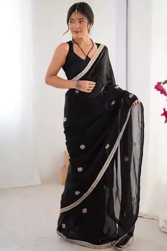 silk blend black designer beads moti val sequance work saree