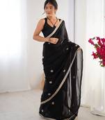 silk blend black designer beads moti val sequance work saree