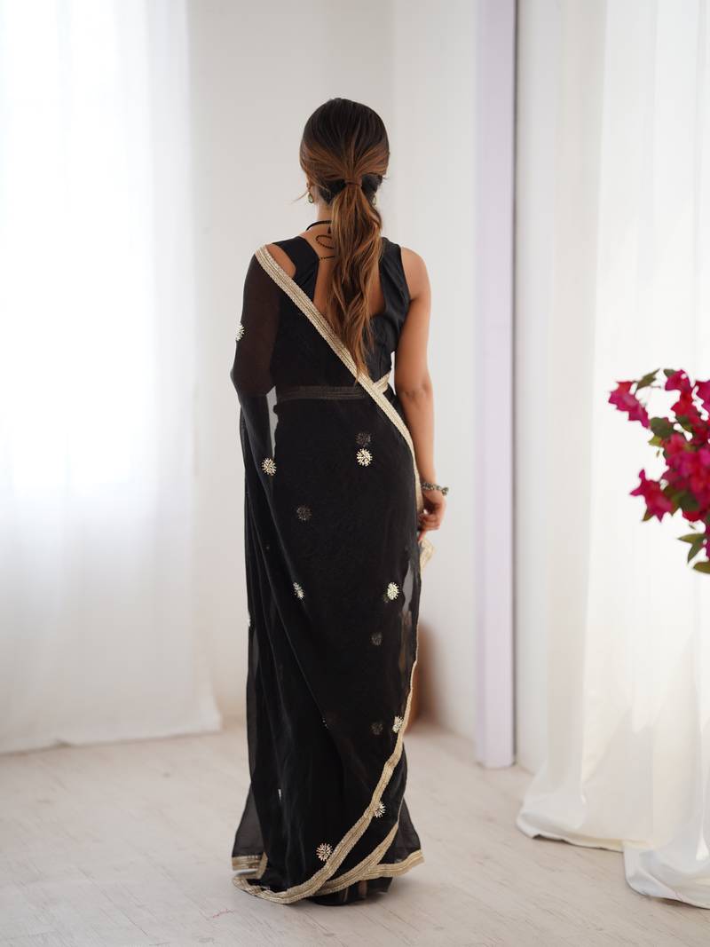 silk blend black designer beads moti val sequance work saree