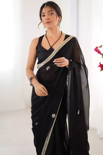 silk blend black designer beads moti val sequance work saree