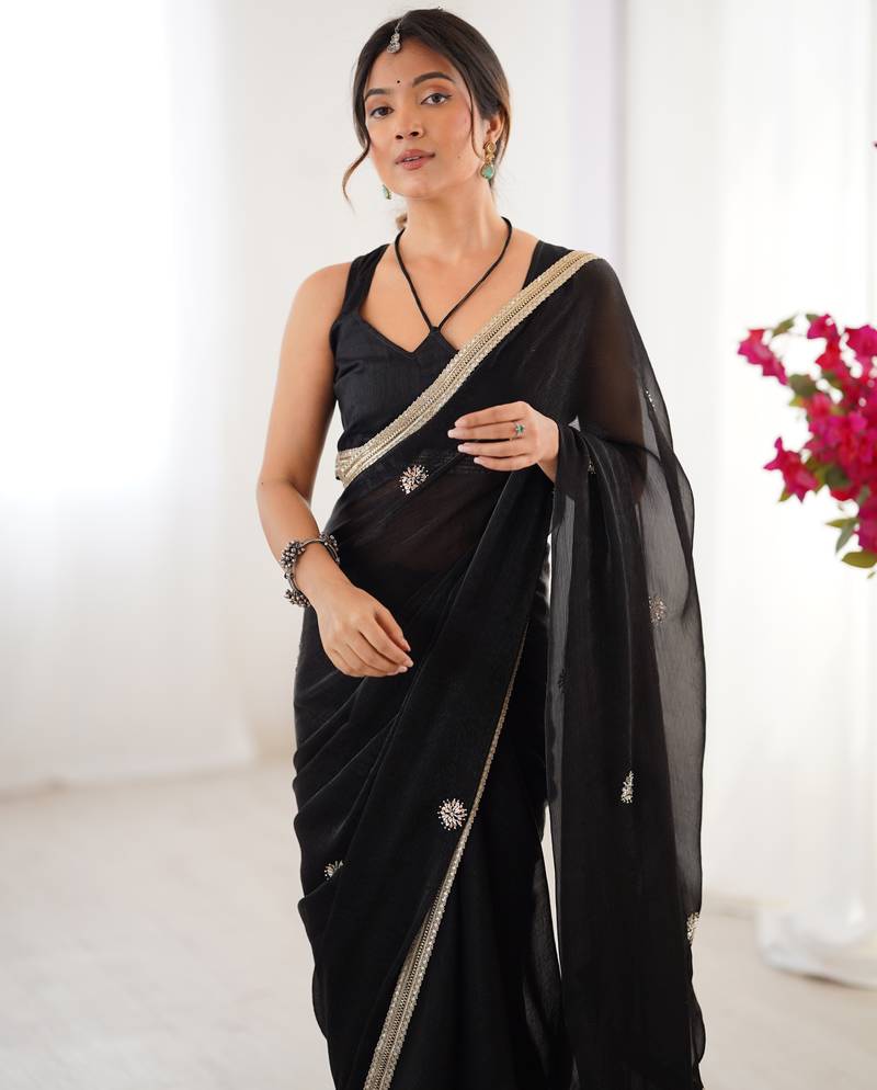silk blend black designer beads moti val sequance work saree