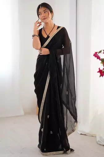silk blend black designer beads moti val sequance work saree