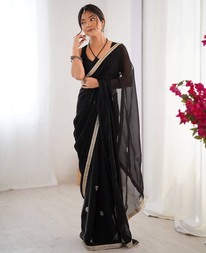 silk blend black designer beads moti val sequance work saree