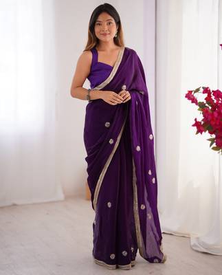 silk blend purple designer beads moti val sequance work saree 1