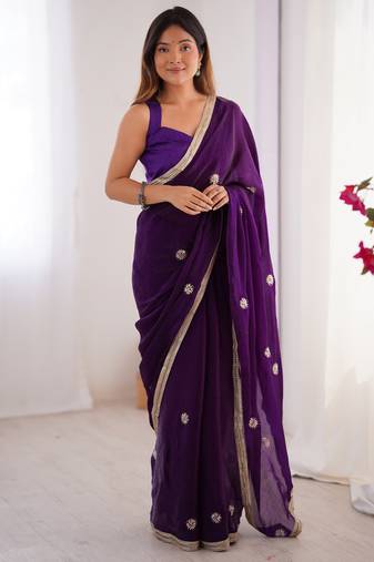 silk blend purple designer beads moti val sequance work saree