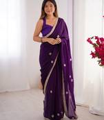 silk blend purple designer beads moti val sequance work saree