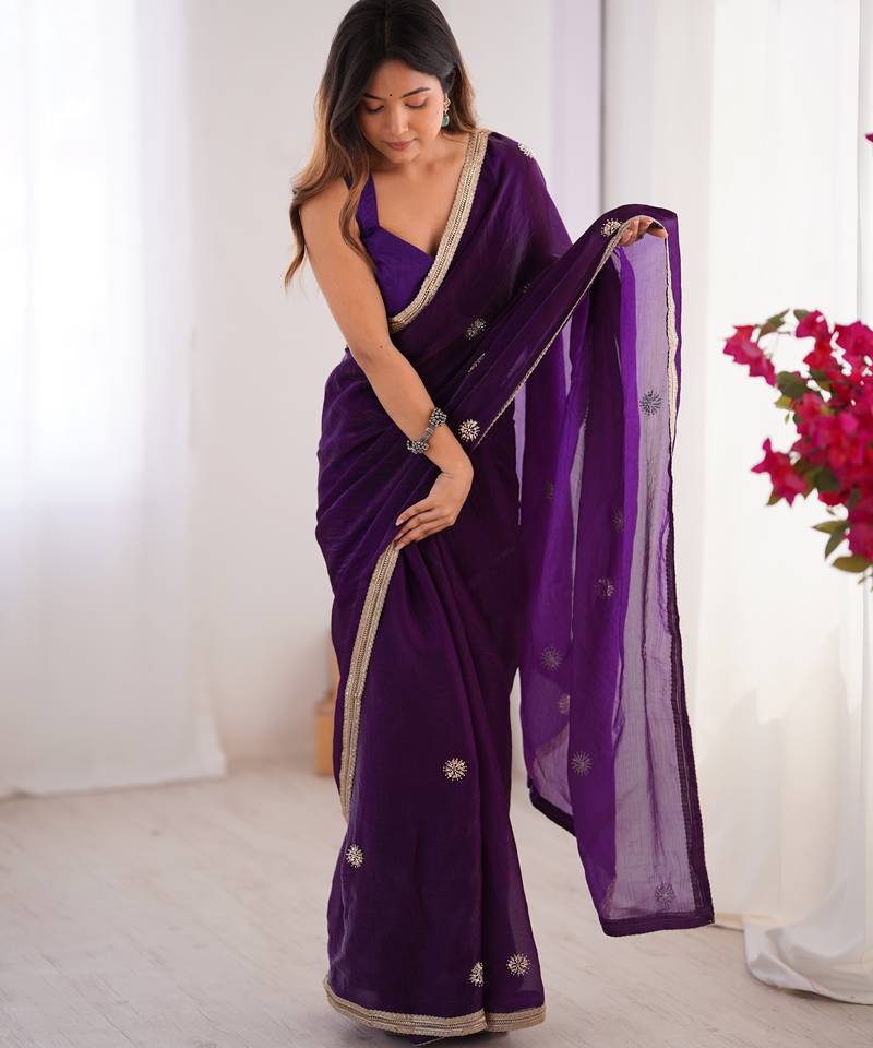 silk blend purple designer beads moti val sequance work saree