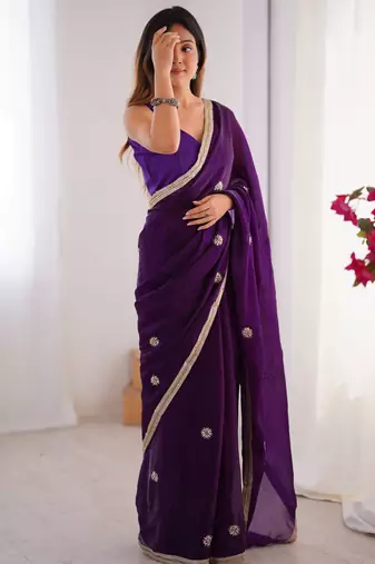 silk blend purple designer beads moti val sequance work saree