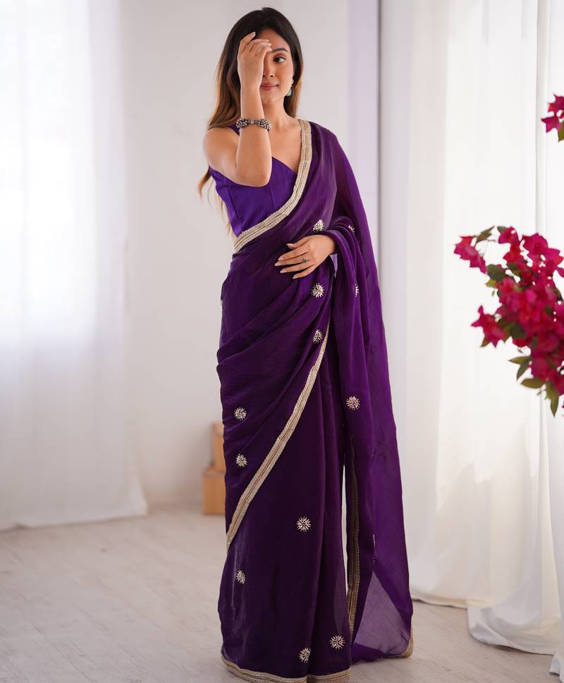 silk blend purple designer beads moti val sequance work saree
