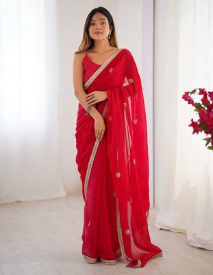 silk blend red designer beads moti val sequance work saree 1