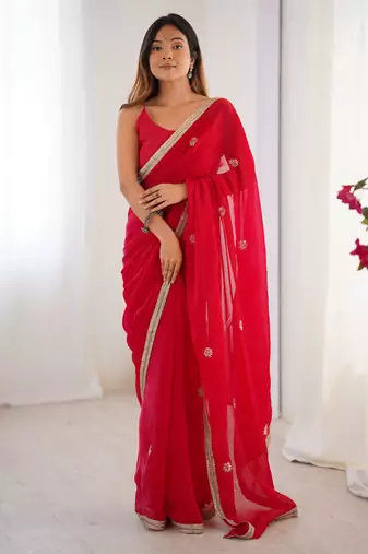 silk blend red designer beads moti val sequance work saree