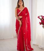 silk blend red designer beads moti val sequance work saree