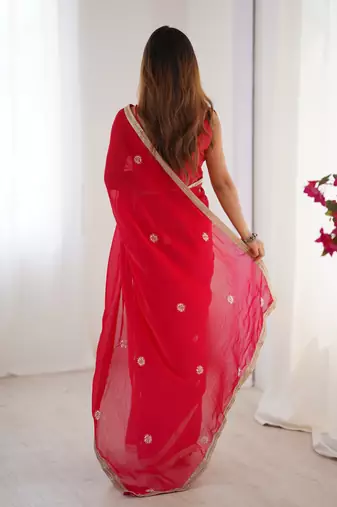 silk blend red designer beads moti val sequance work saree