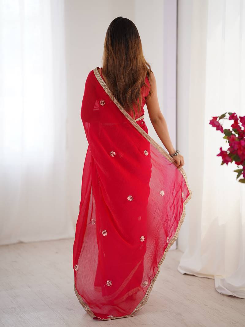 silk blend red designer beads moti val sequance work saree