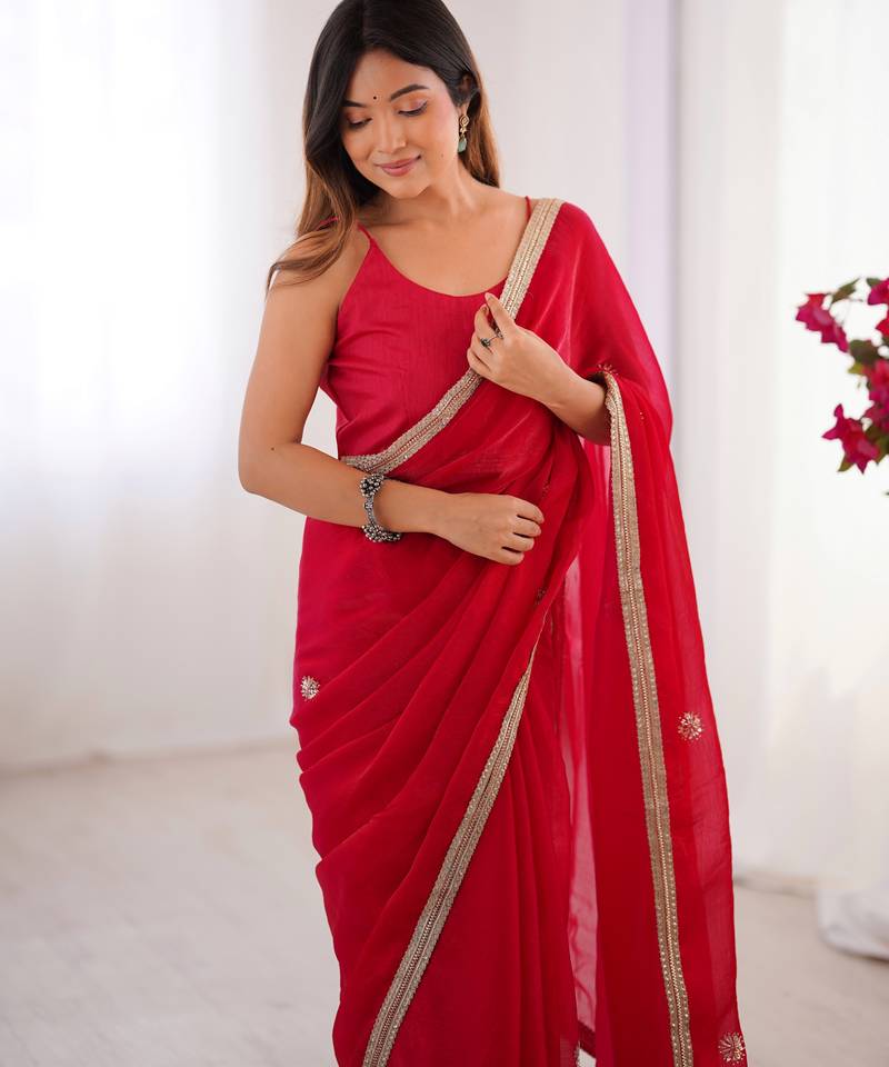 silk blend red designer beads moti val sequance work saree