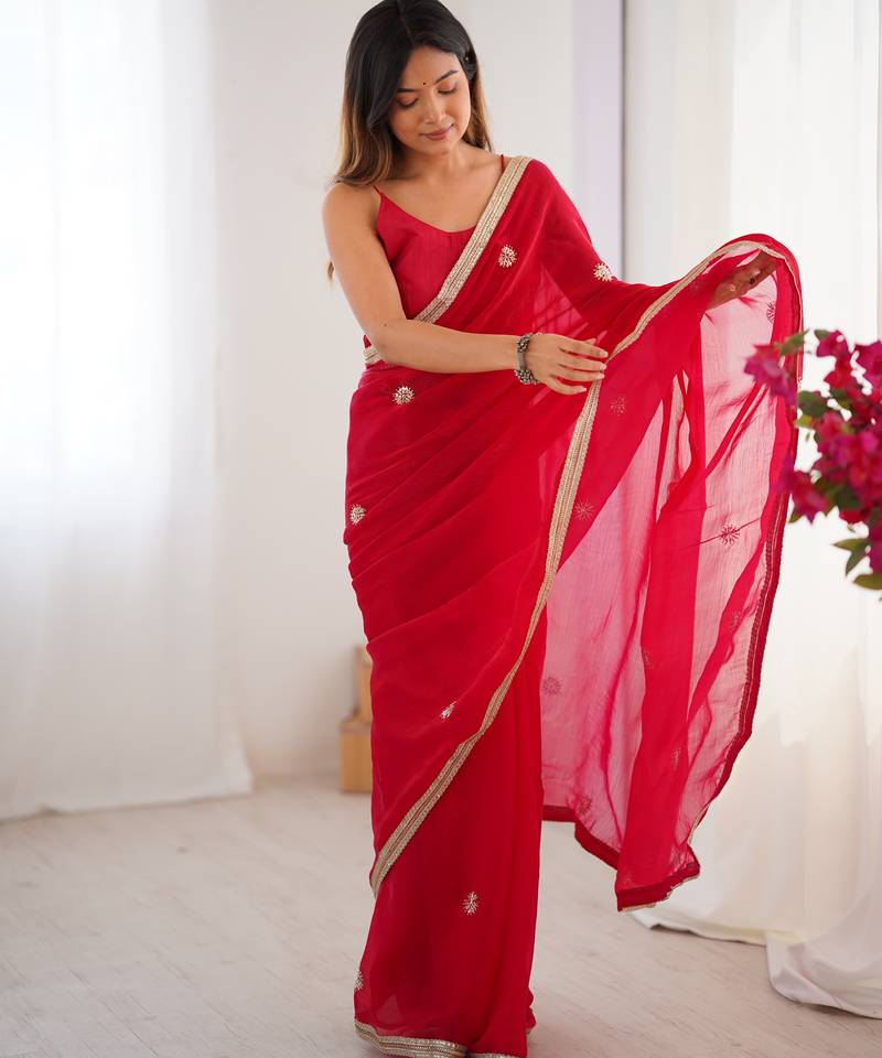 silk blend red designer beads moti val sequance work saree
