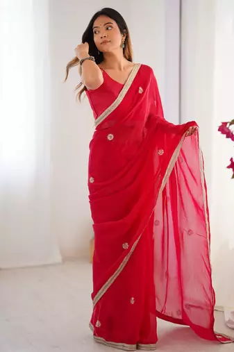 silk blend red designer beads moti val sequance work saree
