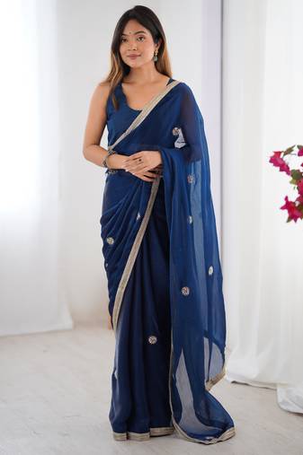 silk blend blue designer beads moti val sequance work saree