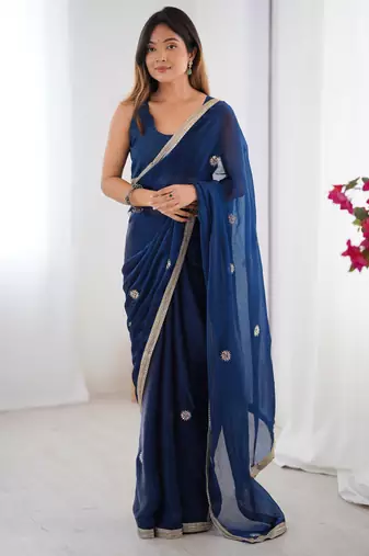 silk blend blue designer beads moti val sequance work saree